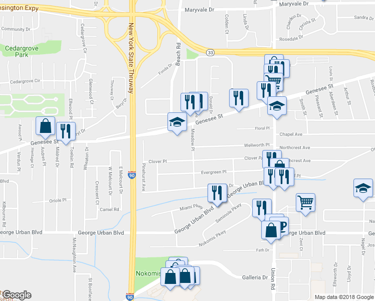 map of restaurants, bars, coffee shops, grocery stores, and more near 86 Meadow Place in Buffalo