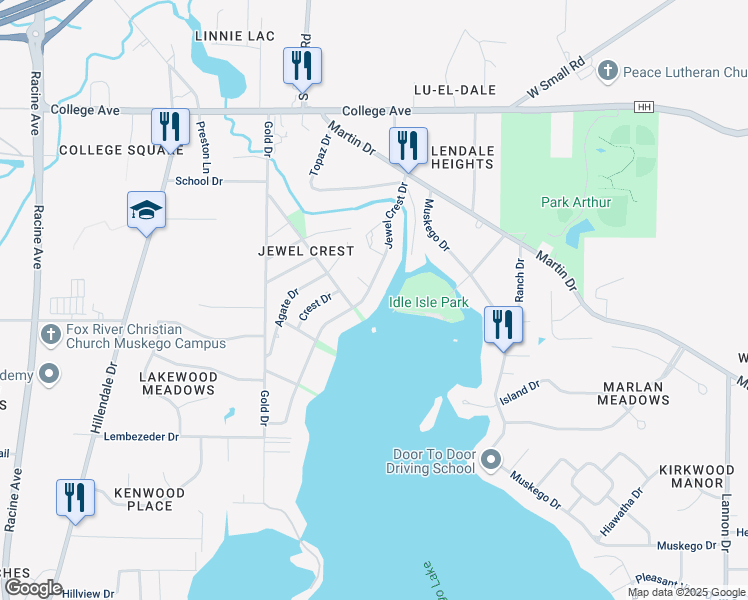 map of restaurants, bars, coffee shops, grocery stores, and more near W184S6662 Jewel Crest Drive in Muskego