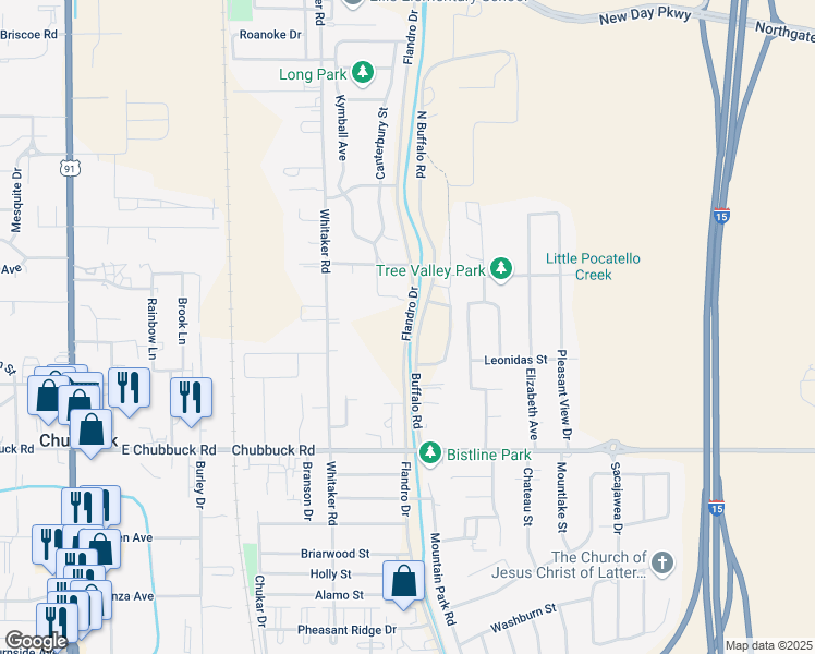map of restaurants, bars, coffee shops, grocery stores, and more near Hiline Road in Pocatello