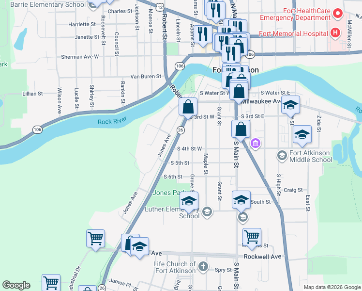map of restaurants, bars, coffee shops, grocery stores, and more near 312 South 4th Street West in Fort Atkinson
