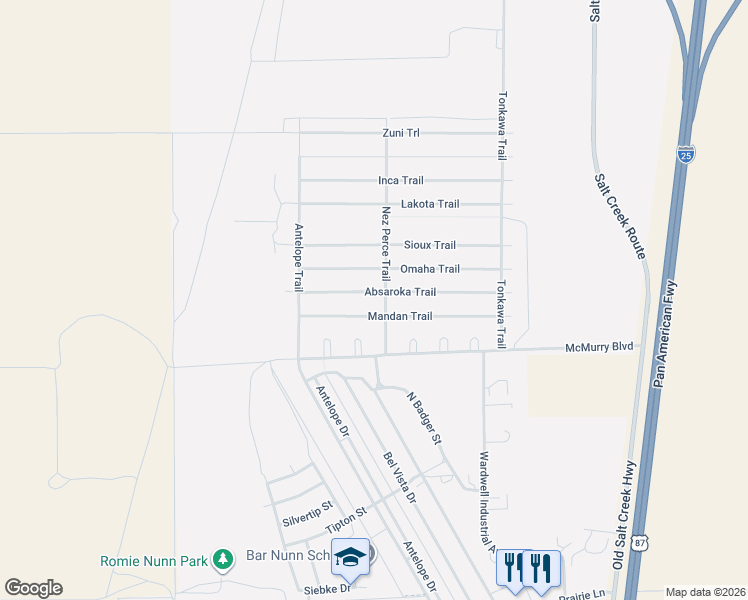 map of restaurants, bars, coffee shops, grocery stores, and more near 2117 Absaroka Trail in Bar Nunn