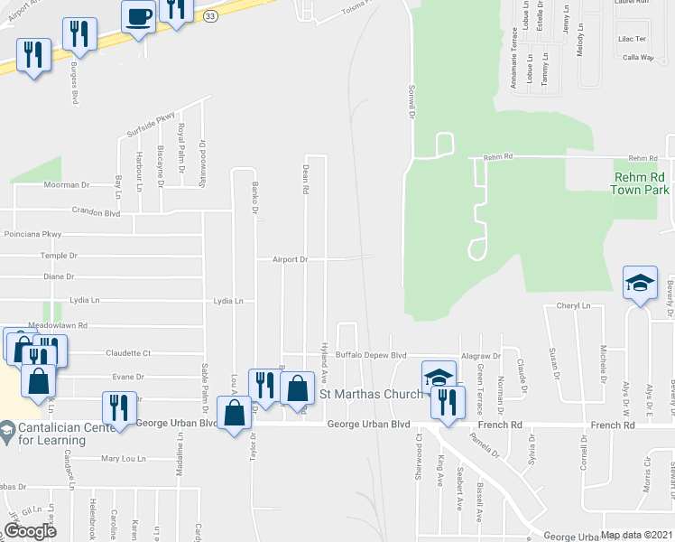 map of restaurants, bars, coffee shops, grocery stores, and more near 189 Hyland Ave in Depew