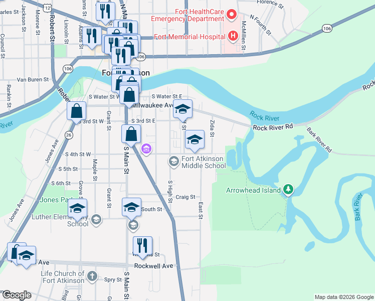 map of restaurants, bars, coffee shops, grocery stores, and more near 407 South 4th Street East in Fort Atkinson