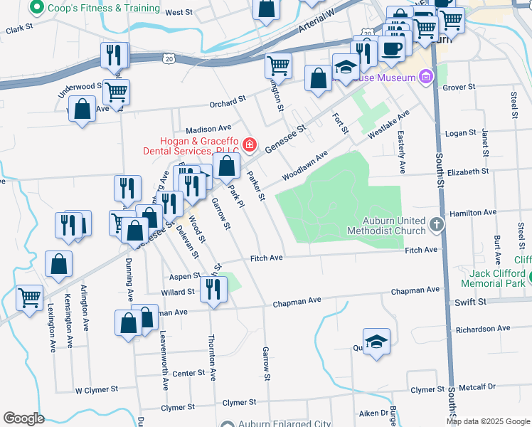 map of restaurants, bars, coffee shops, grocery stores, and more near 33 Parker Street in Auburn