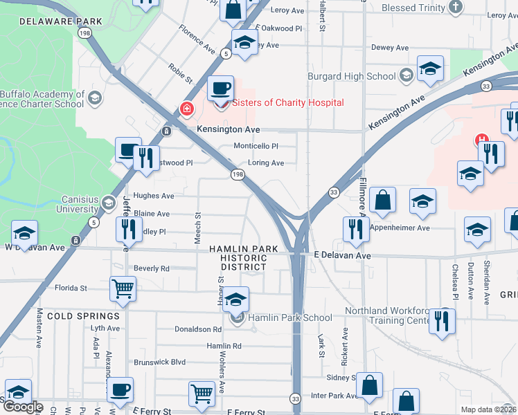 map of restaurants, bars, coffee shops, grocery stores, and more near 375 Humboldt Parkway in Buffalo