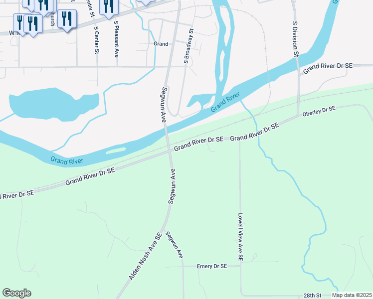 map of restaurants, bars, coffee shops, grocery stores, and more near 13191 Grand River Drive Southeast in Lowell