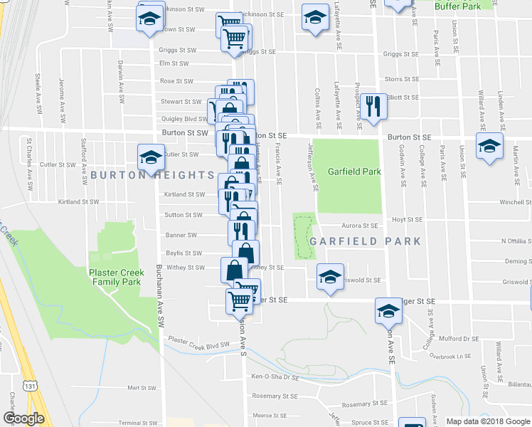 map of restaurants, bars, coffee shops, grocery stores, and more near 2154 Horton Avenue Southeast in Grand Rapids