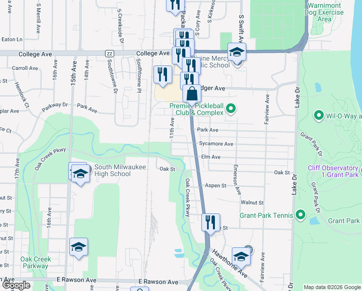 map of restaurants, bars, coffee shops, grocery stores, and more near 1013 Sycamore Avenue in South Milwaukee
