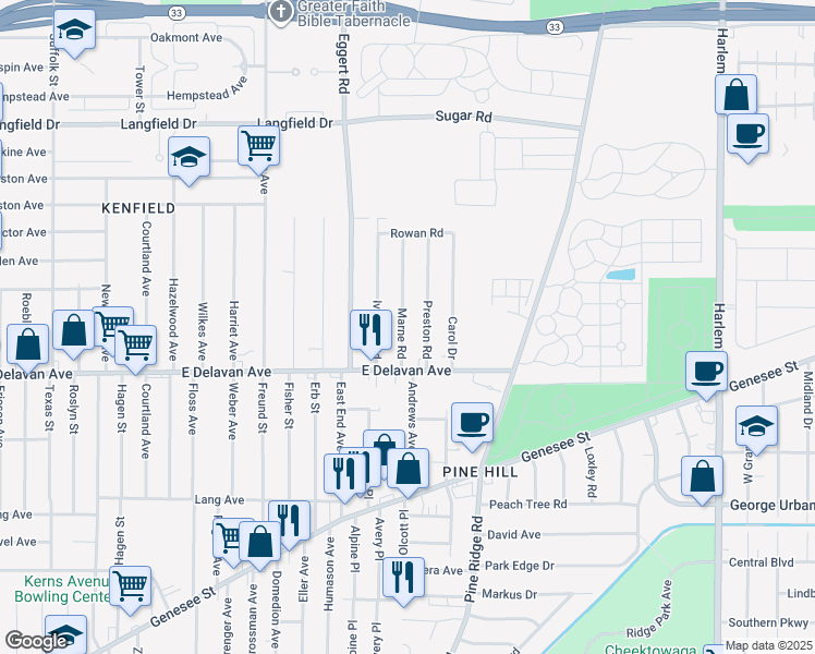 map of restaurants, bars, coffee shops, grocery stores, and more near 27 Marne Road in Cheektowaga