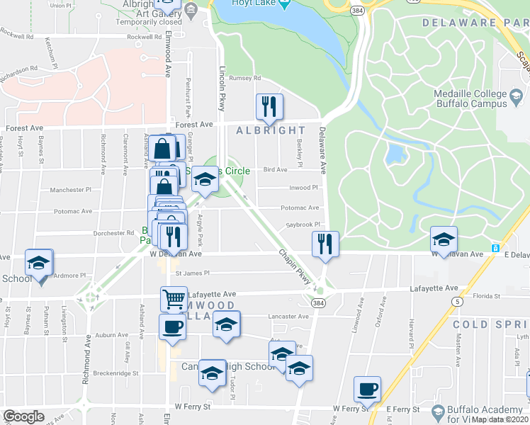 map of restaurants, bars, coffee shops, grocery stores, and more near 137 Chapin Parkway in Buffalo