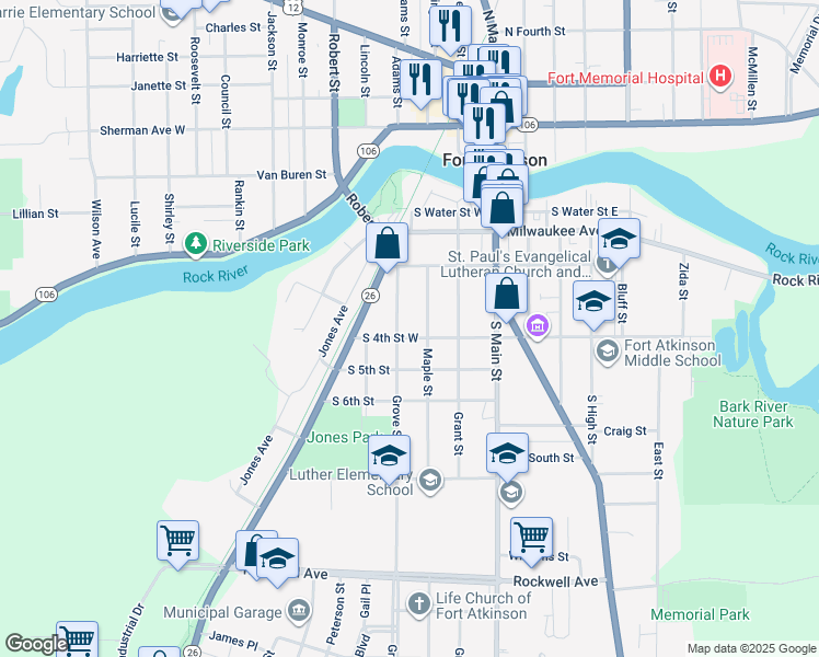 map of restaurants, bars, coffee shops, grocery stores, and more near 208 S 4th St W in Fort Atkinson