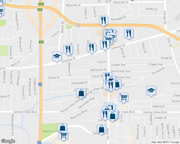 map of restaurants, bars, coffee shops, grocery stores, and more near 95 Wellworth Place in Buffalo