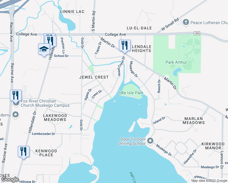 map of restaurants, bars, coffee shops, grocery stores, and more near W184S6662 Jewel Crest Drive in Muskego