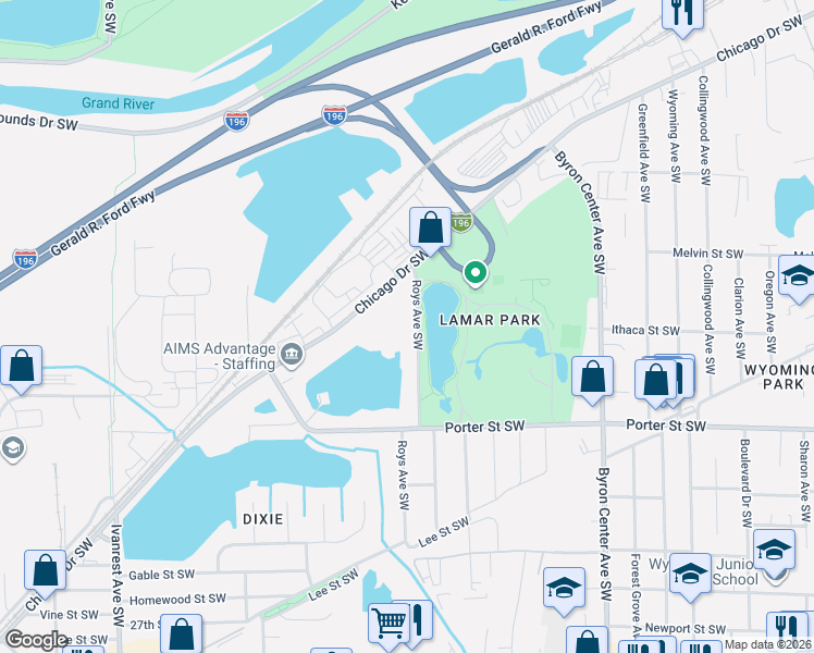 map of restaurants, bars, coffee shops, grocery stores, and more near 2235 Roys Avenue Southwest in Wyoming