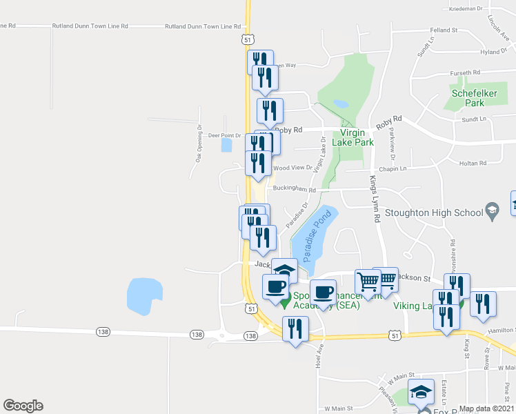 map of restaurants, bars, coffee shops, grocery stores, and more near 700 Nygaard Street in Stoughton