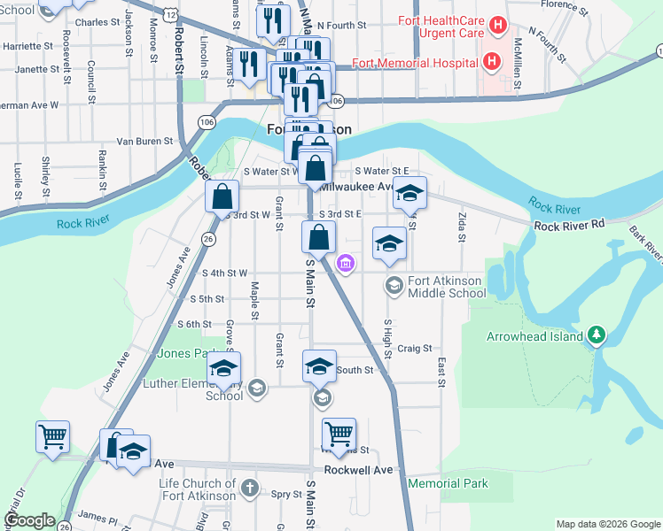 map of restaurants, bars, coffee shops, grocery stores, and more near 11 S 4th St E in Fort Atkinson