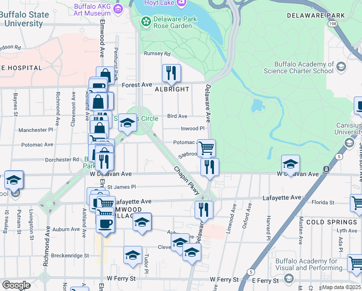 map of restaurants, bars, coffee shops, grocery stores, and more near 785 Potomac Avenue in Buffalo