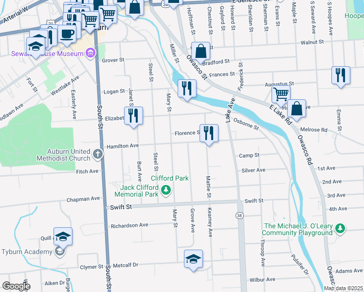 map of restaurants, bars, coffee shops, grocery stores, and more near 58 Hamilton Ave in Auburn