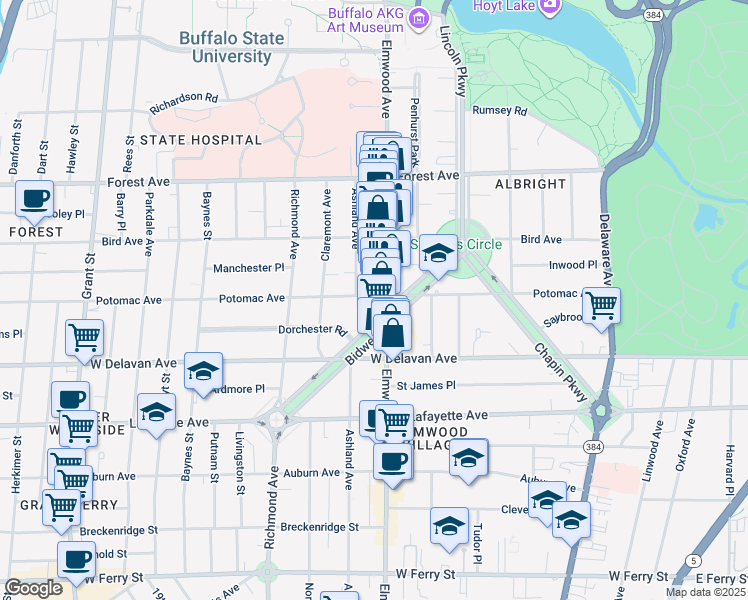 map of restaurants, bars, coffee shops, grocery stores, and more near 585 Potomac Avenue in Buffalo