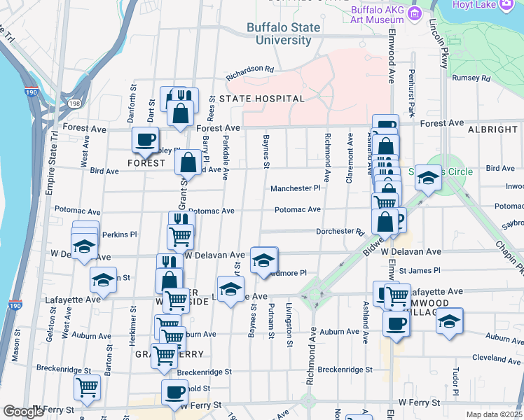 map of restaurants, bars, coffee shops, grocery stores, and more near Potomac Ave & Baynes St in Buffalo