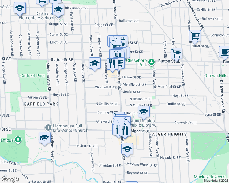 map of restaurants, bars, coffee shops, grocery stores, and more near 2144 Martin Avenue Southeast in Grand Rapids