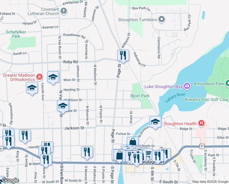 map of restaurants, bars, coffee shops, grocery stores, and more near 624 North Page Street in Stoughton
