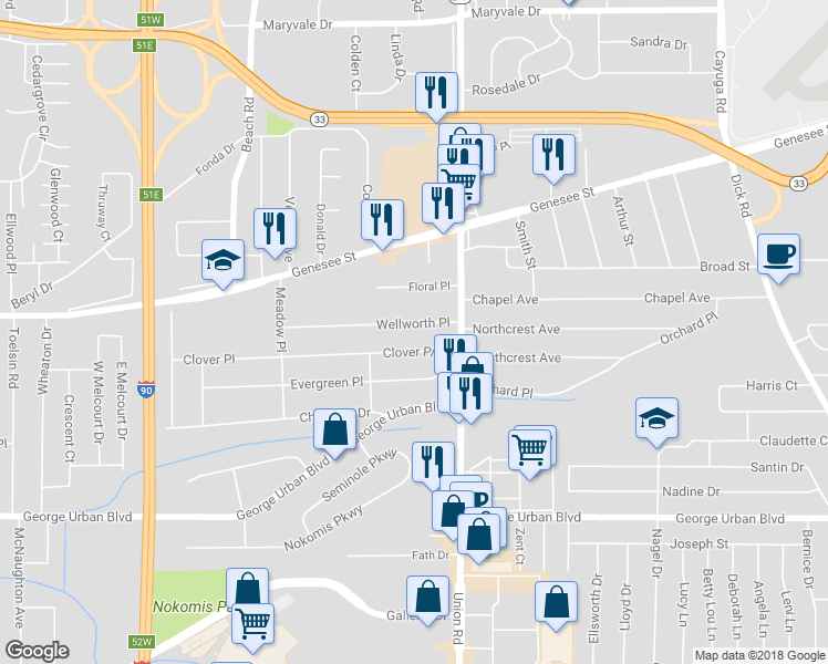 map of restaurants, bars, coffee shops, grocery stores, and more near 131 Wellworth Place in Buffalo