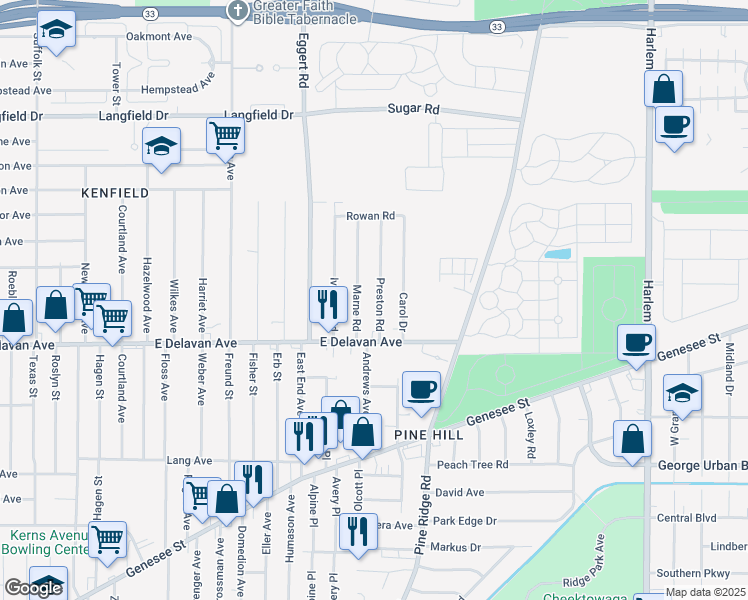 map of restaurants, bars, coffee shops, grocery stores, and more near 27 Marne Road in Cheektowaga
