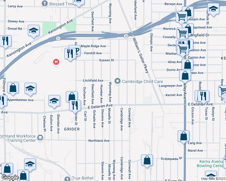 map of restaurants, bars, coffee shops, grocery stores, and more near 342 Cambridge Avenue in Buffalo