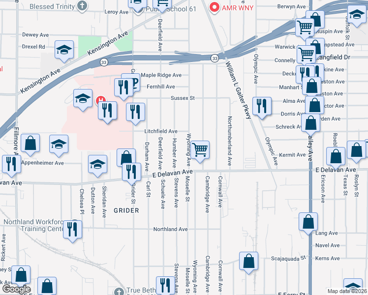 map of restaurants, bars, coffee shops, grocery stores, and more near 53 Humber Avenue in Buffalo