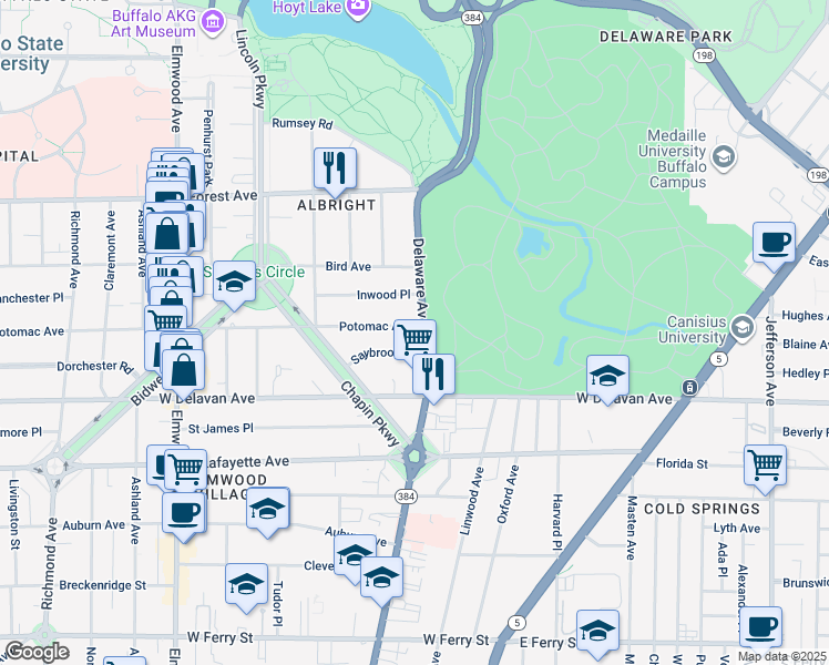map of restaurants, bars, coffee shops, grocery stores, and more near 825 Potomac Avenue in Buffalo