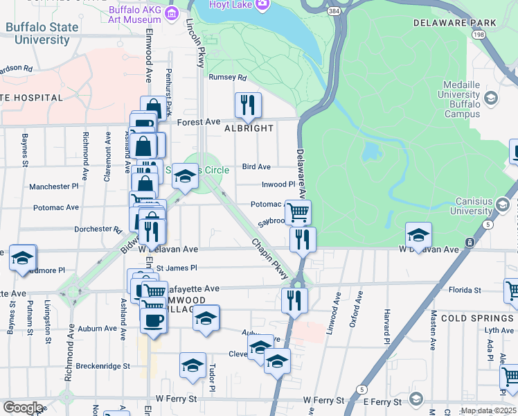 map of restaurants, bars, coffee shops, grocery stores, and more near 785 Potomac Avenue in Buffalo
