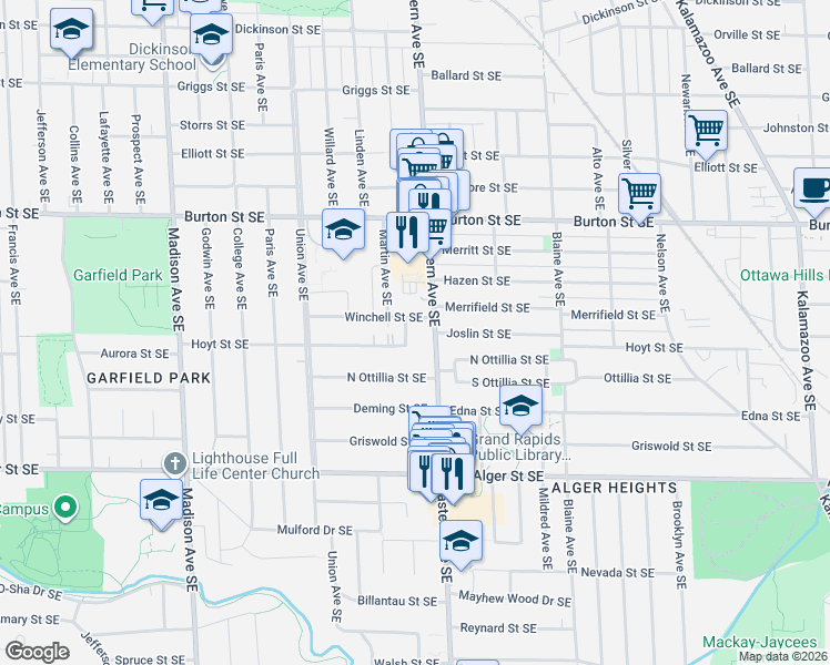 map of restaurants, bars, coffee shops, grocery stores, and more near 2144 Martin Avenue Southeast in Grand Rapids