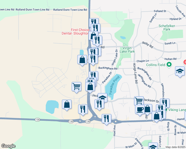 map of restaurants, bars, coffee shops, grocery stores, and more near 700 Nygaard Street in Stoughton