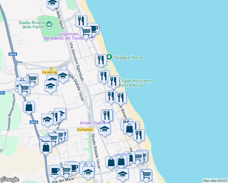 map of restaurants, bars, coffee shops, grocery stores, and more near 125 Viale Rinascimento in San Benedetto del Tronto