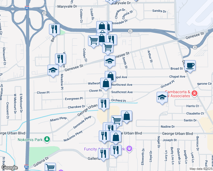 map of restaurants, bars, coffee shops, grocery stores, and more near 4042 Union Road in Cheektowaga
