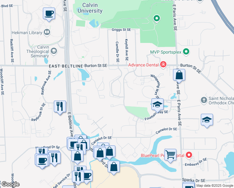 map of restaurants, bars, coffee shops, grocery stores, and more near 2143 Woodburn Drive Southeast in Grand Rapids
