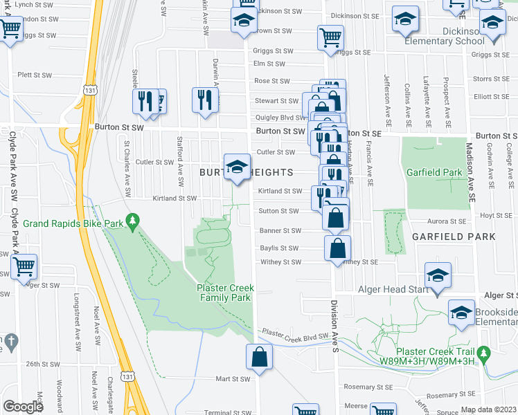 map of restaurants, bars, coffee shops, grocery stores, and more near 133 Sutton Street Southwest in Grand Rapids
