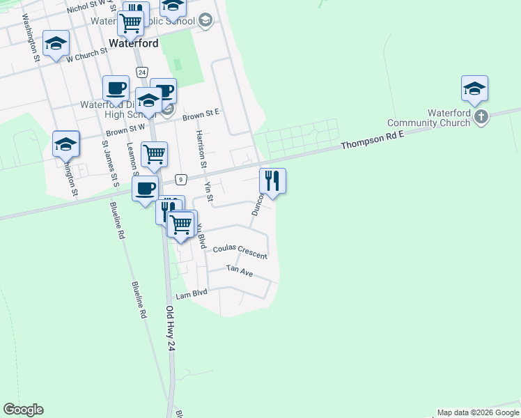 map of restaurants, bars, coffee shops, grocery stores, and more near 67 Yin Street in Waterford
