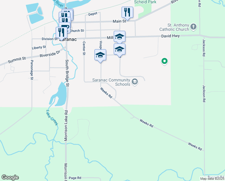 map of restaurants, bars, coffee shops, grocery stores, and more near 315 Clover Lane in Saranac
