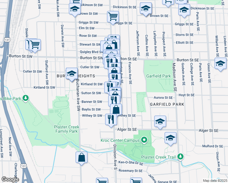 map of restaurants, bars, coffee shops, grocery stores, and more near 2154 Division Avenue South in Grand Rapids