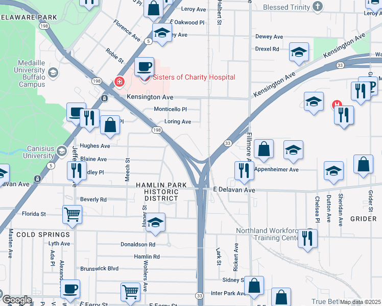 map of restaurants, bars, coffee shops, grocery stores, and more near 402 Humboldt Pkwy in Buffalo