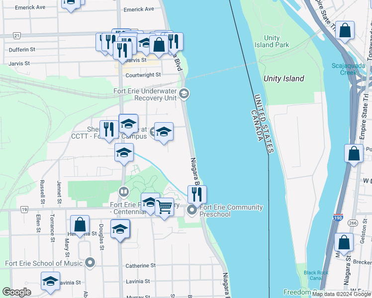 map of restaurants, bars, coffee shops, grocery stores, and more near 473 Niagara Boulevard in Fort Erie