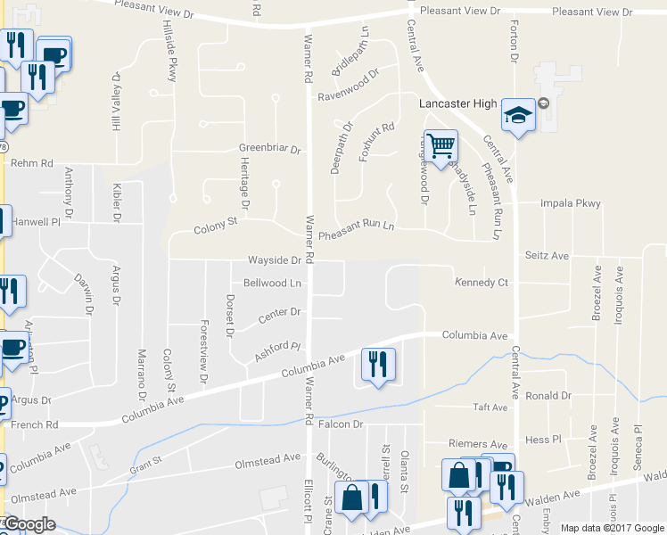 map of restaurants, bars, coffee shops, grocery stores, and more near 76 Doehaven Circle in Depew
