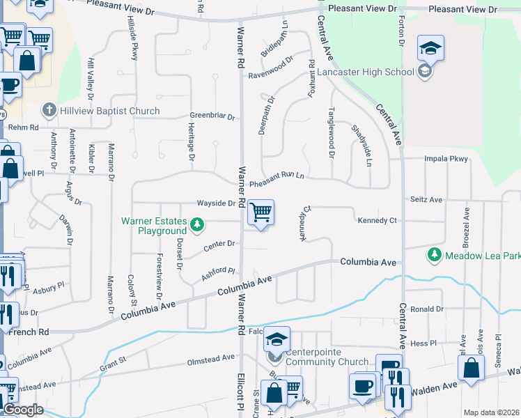 map of restaurants, bars, coffee shops, grocery stores, and more near 76 Doehaven Circle in Depew