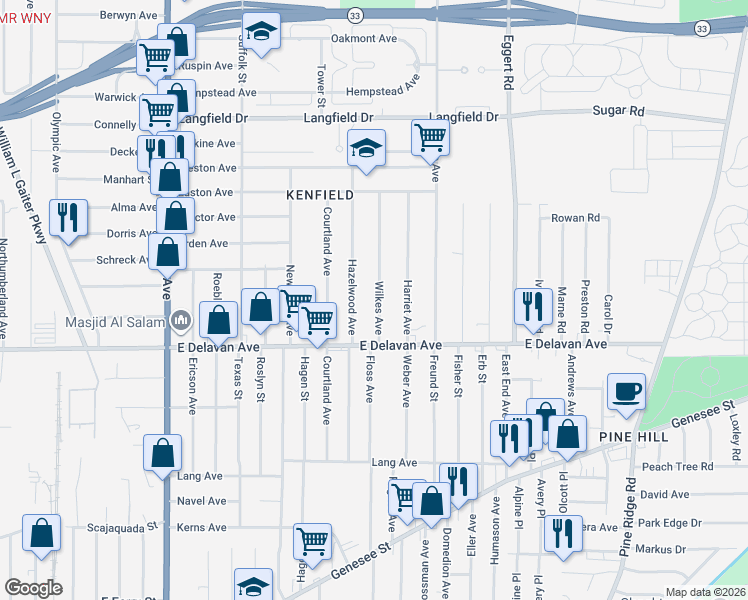map of restaurants, bars, coffee shops, grocery stores, and more near 50 Wilkes Avenue in Buffalo