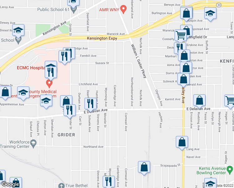 map of restaurants, bars, coffee shops, grocery stores, and more near 347 Cambridge Avenue in Buffalo