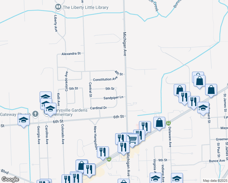 map of restaurants, bars, coffee shops, grocery stores, and more near 213 5th Street in Marysville