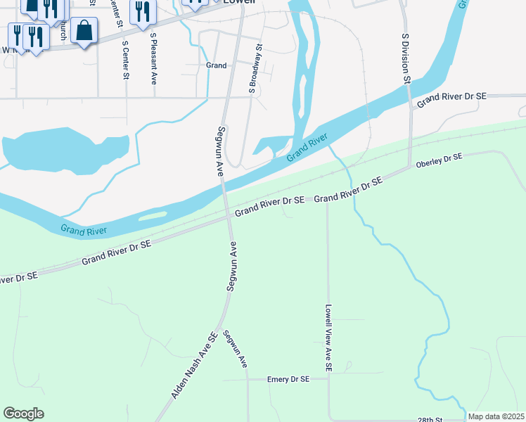 map of restaurants, bars, coffee shops, grocery stores, and more near 13191 Grand River Drive Southeast in Lowell