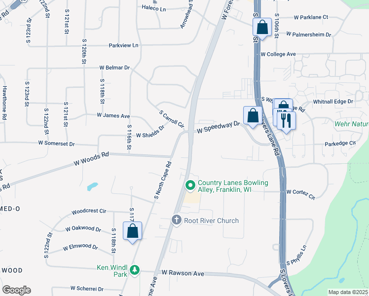 map of restaurants, bars, coffee shops, grocery stores, and more near 11212 West Forest Home Avenue in Franklin